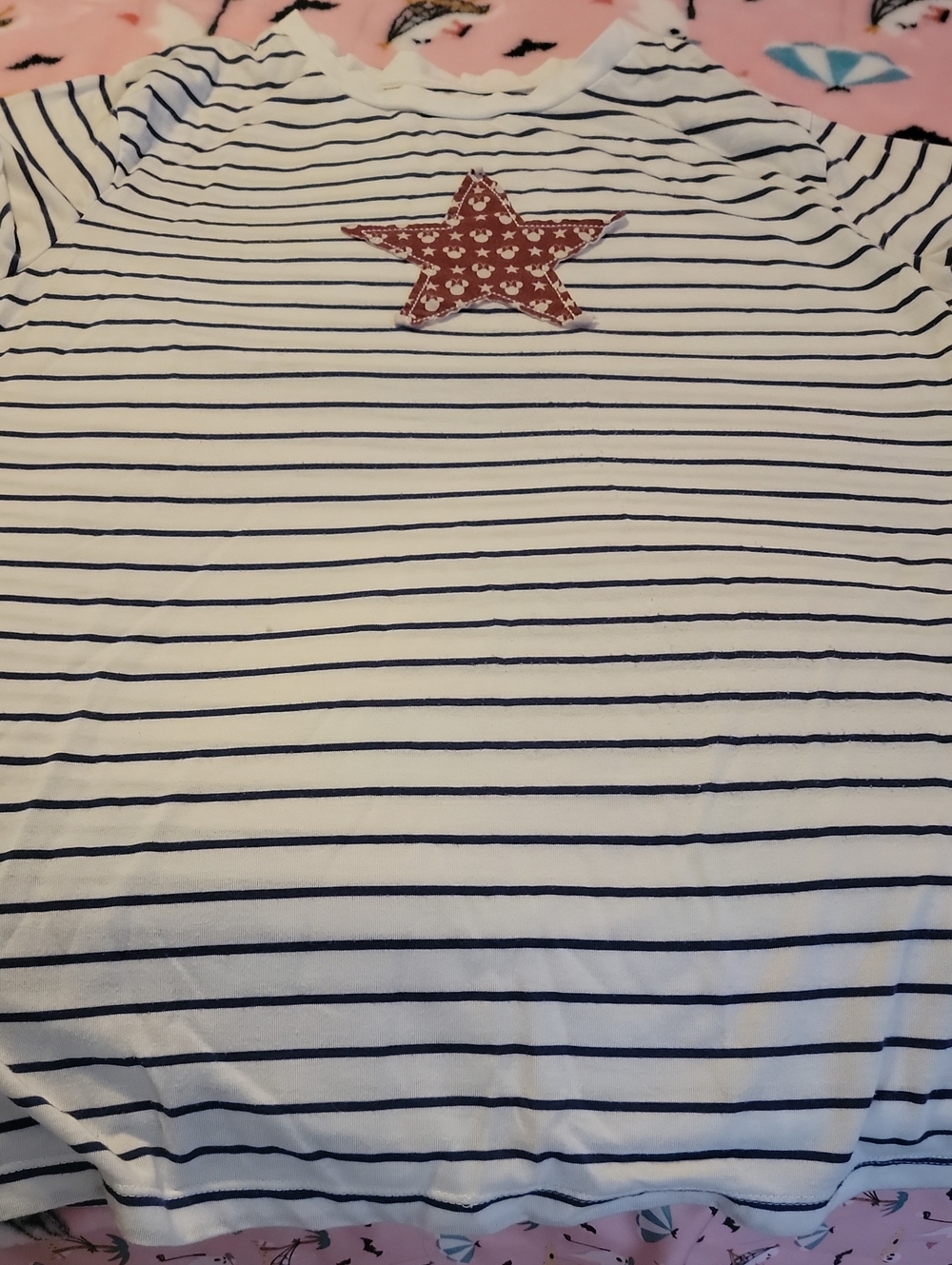 Disney White Tee with Navy Stripes, Red Star With Minnie Mouse Logo